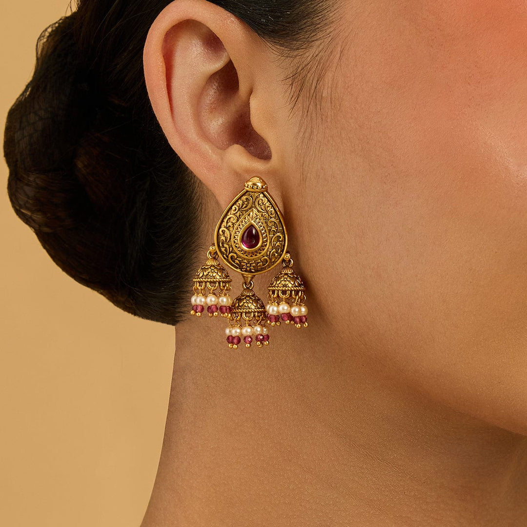 Teardrop Antique  earrings  with Three Bell-Shaped jhumka and Dangling beads