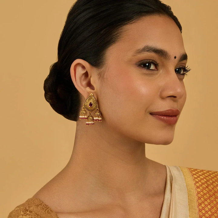 Teardrop Antique  earrings  with Three Bell-Shaped jhumka and Dangling beads