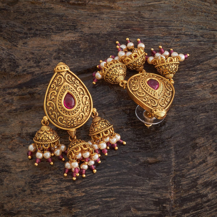 Teardrop Antique  earrings  with Three Bell-Shaped jhumka and Dangling beads