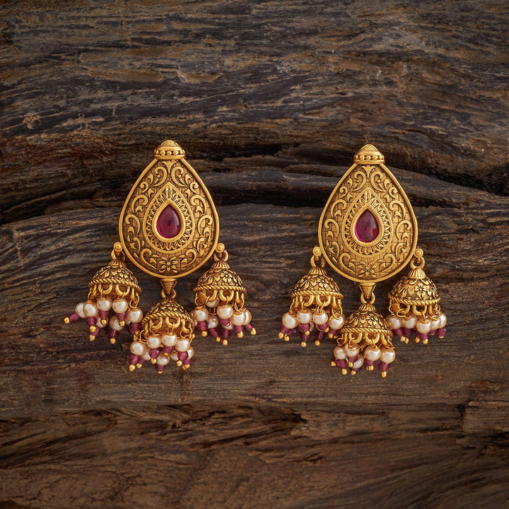 Teardrop Antique  earrings  with Three Bell-Shaped jhumka and Dangling beads