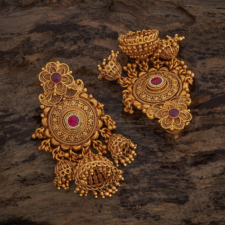 Floral Motif, Circular design Antique earrings  with Three Bell-Shaped jhumka and Dangling beads