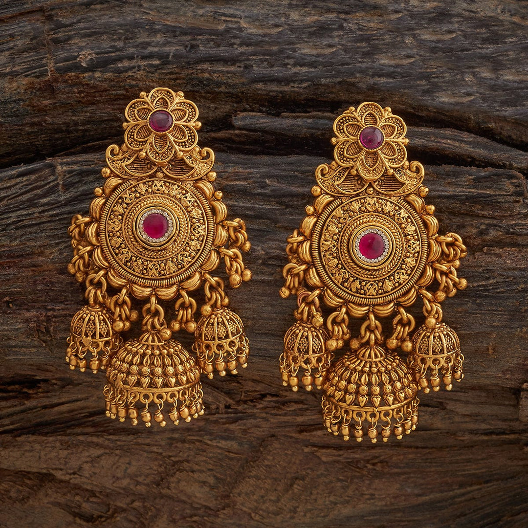 Floral Motif, Circular design Antique earrings  with Three Bell-Shaped jhumka and Dangling beads