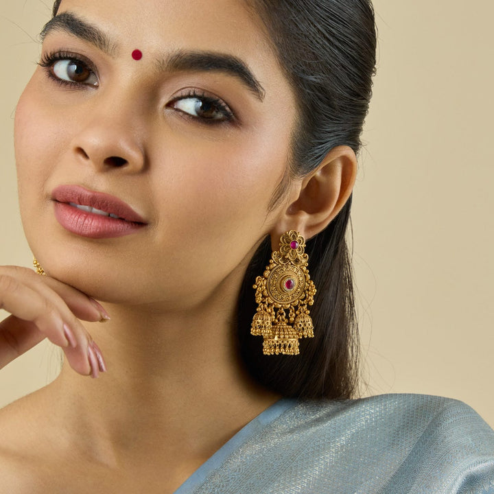 Floral Motif, Circular design Antique earrings  with Three Bell-Shaped jhumka and Dangling beads