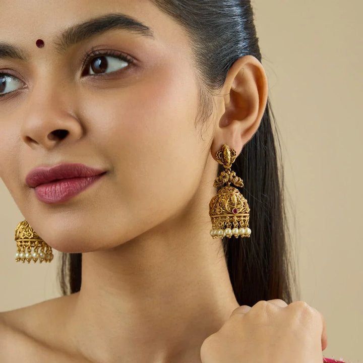 Lord Ganesh, Peacock motif Antique earrings  with Dangling beads
