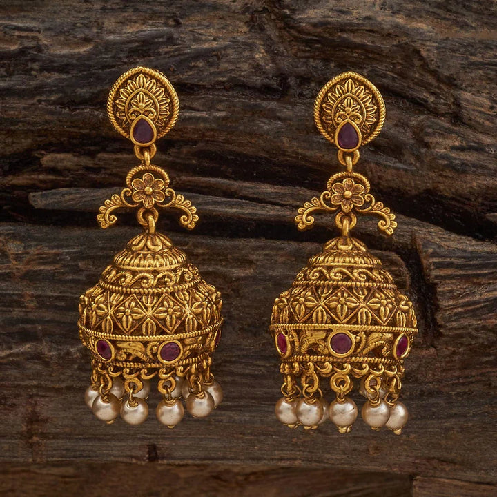 Antique Gold Jhumka with Emeralds with Gem Stone and Dangling Beads