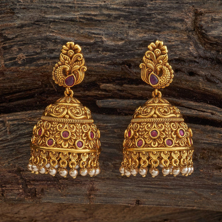 Traditional Indian Jhumkis with Intricate Peacock Design, Rubies and Pearls