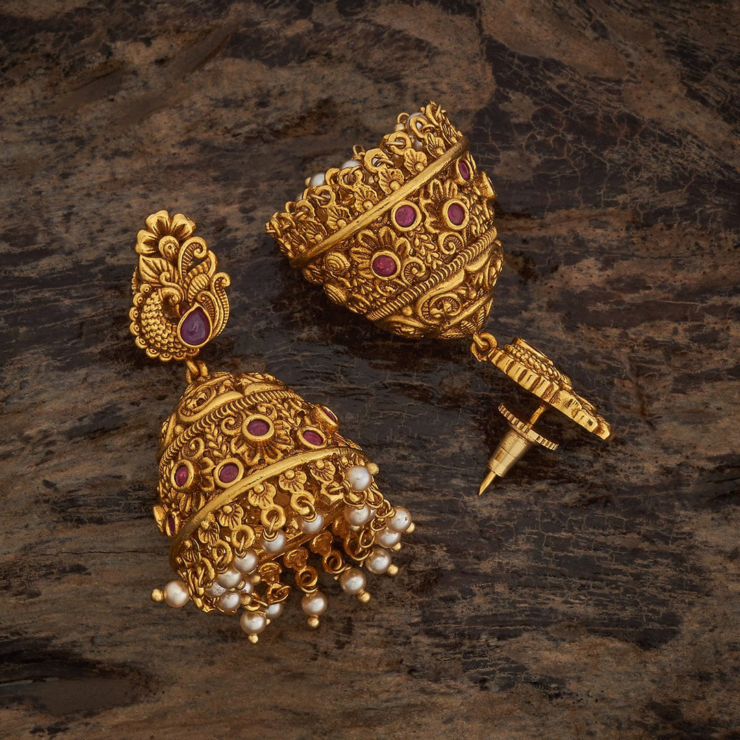 Traditional Indian Jhumkis with Intricate Peacock Design, Rubies and Pearls