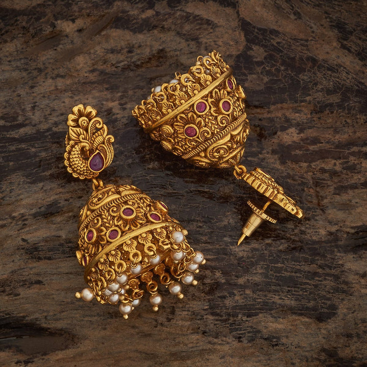 Traditional Indian Jhumkis with Intricate Peacock Design, Rubies and Pearls