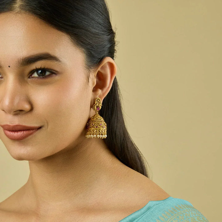 Traditional Indian Jhumkis with Intricate Peacock Design, Rubies and Pearls