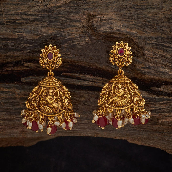 Antique Gold-Plated Krishna Jhumka Earrings with Ruby and Pearls Accents