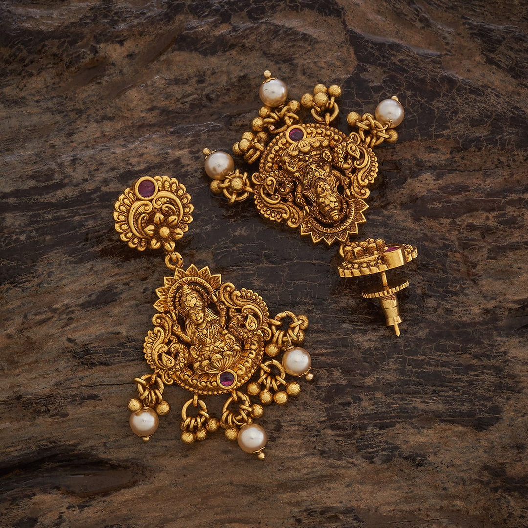 Lotus and Lakshmi Design Antique Earring with Dangling Pearls
