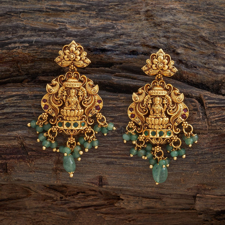 Unique Lotus and Lakshmi Design Antique Earring with green and pink stones