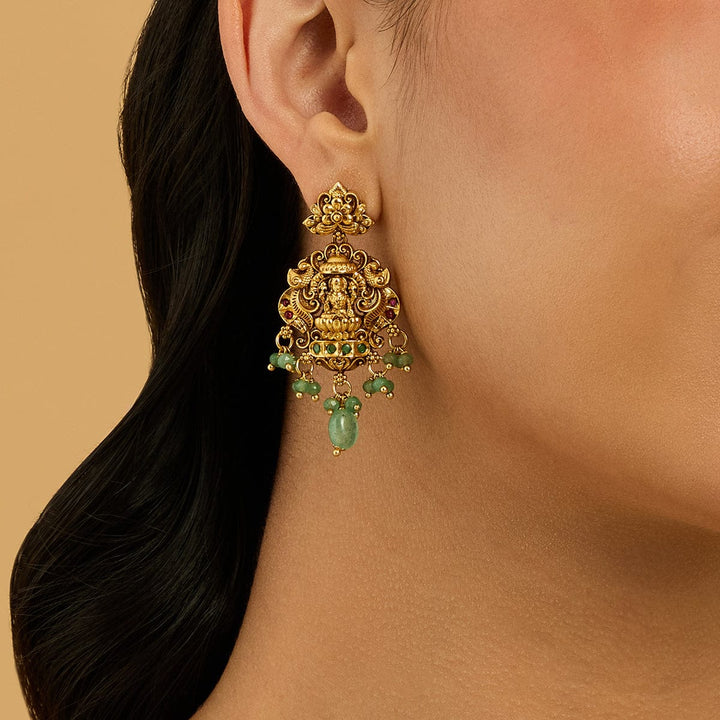 Unique Lotus and Lakshmi Design Antique Earring with green and pink stones