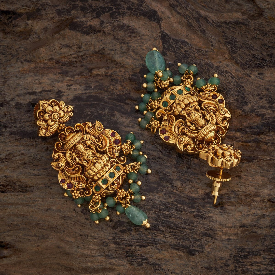 Unique Lotus and Lakshmi Design Antique Earring with green and pink stones