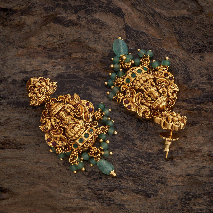 Unique Lotus and Lakshmi Design Antique Earring with green and pink stones