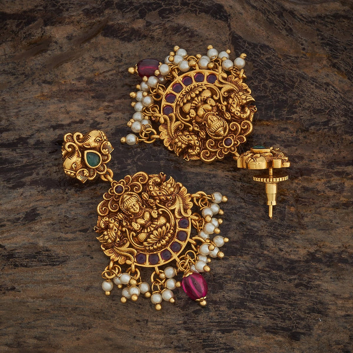 Peacock and Lakshmi Design Antique Earring with green and pink stones