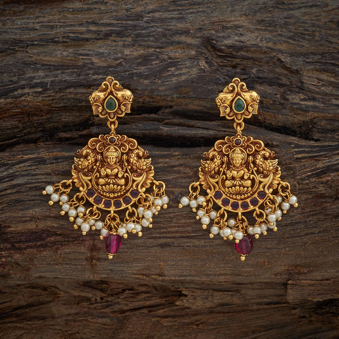 Peacock and Lakshmi Design Antique Earring with green and pink stones
