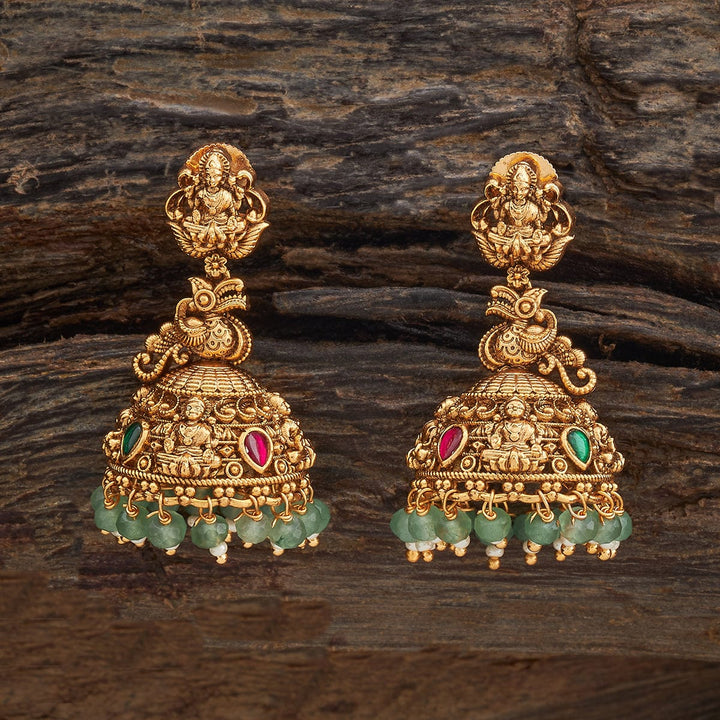 Lakshmi Motif Antique jhumka Earrings with Dangling beads