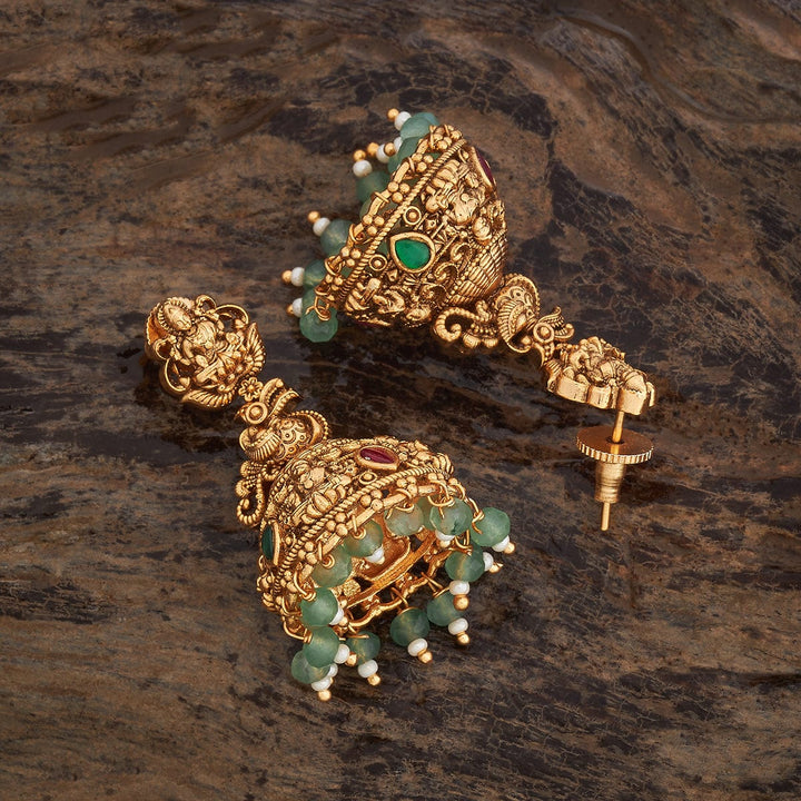 Lakshmi Motif Antique jhumka Earrings with Dangling beads