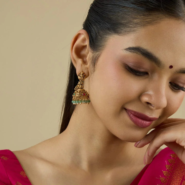 Lakshmi Motif Antique jhumka Earrings with Dangling beads