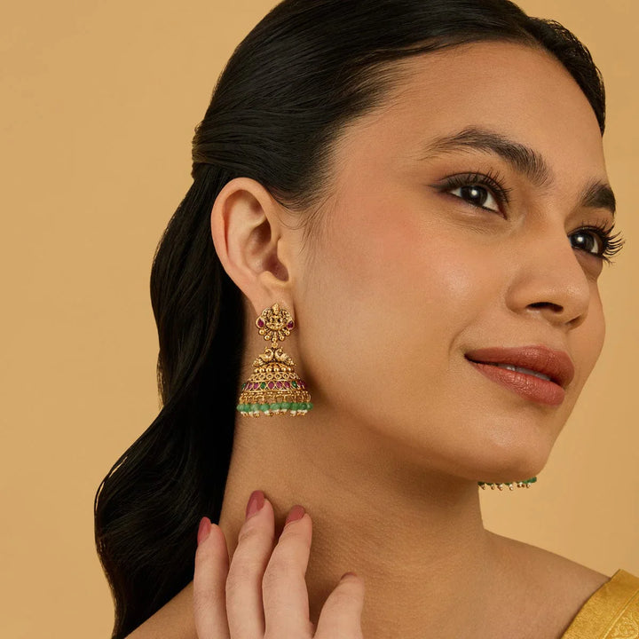 Lakshmi  and peacock Motif Antique jhumka Earrings with Dangling beads