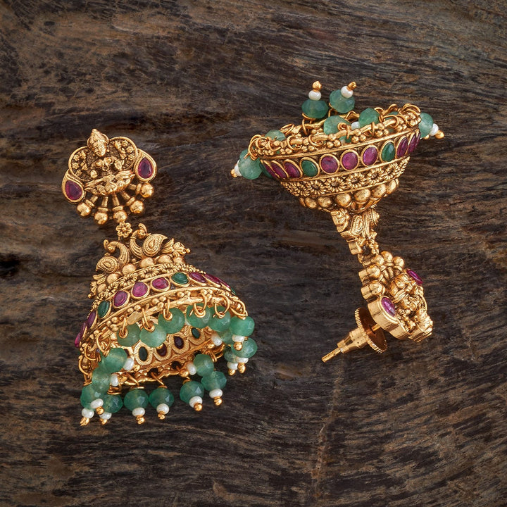 Lakshmi  and peacock Motif Antique jhumka Earrings with Dangling beads