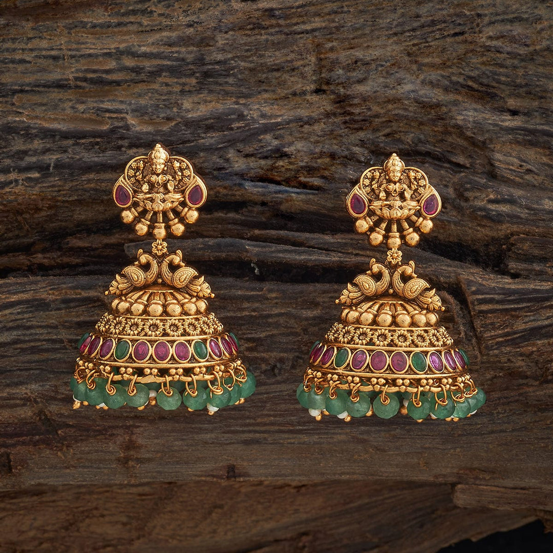 Lakshmi  and peacock Motif Antique jhumka Earrings with Dangling beads