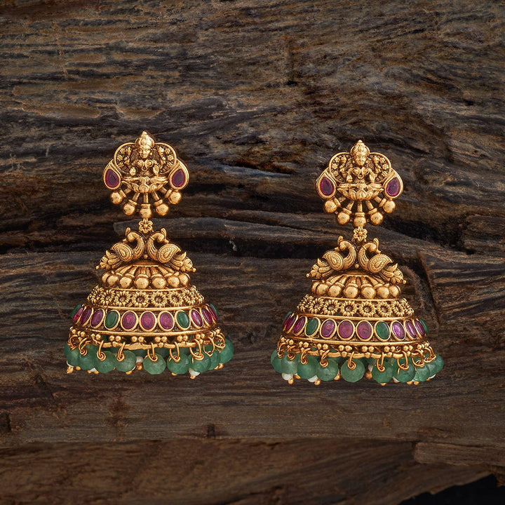 Lakshmi  and peacock Motif Antique jhumka Earrings with Dangling beads