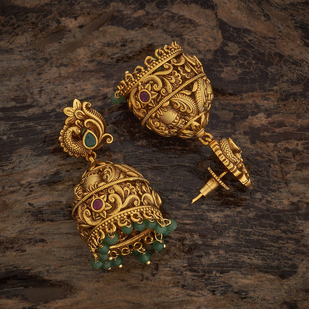 Antique Gold-Plated Peacock Jhumka Earrings with Emerald and Ruby Accents