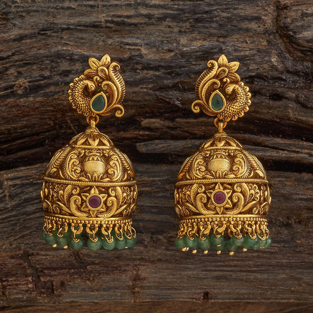 Antique Gold-Plated Peacock Jhumka Earrings with Emerald and Ruby Accents