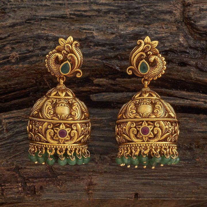 Antique Gold-Plated Peacock Jhumka Earrings with Emerald and Ruby Accents