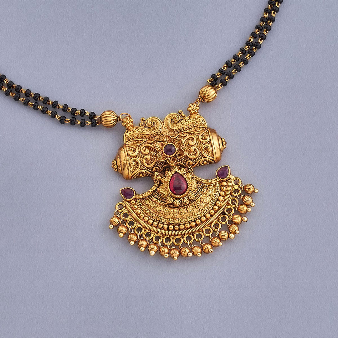 Gold-Plated Antique Style Mangalsutra with Matching Earrings and Red Stone