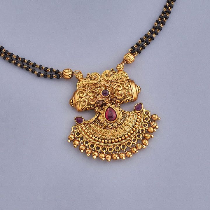 Gold-Plated Antique Style Mangalsutra with Matching Earrings and Red Stone