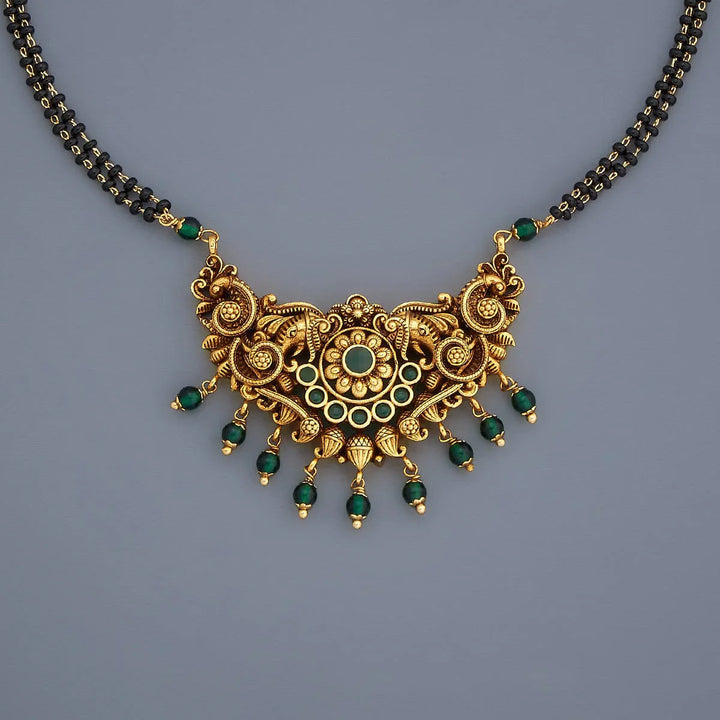 Traditional Gold-Tone Black Bead Mangalsutra with Ornate Gemstone Pendant