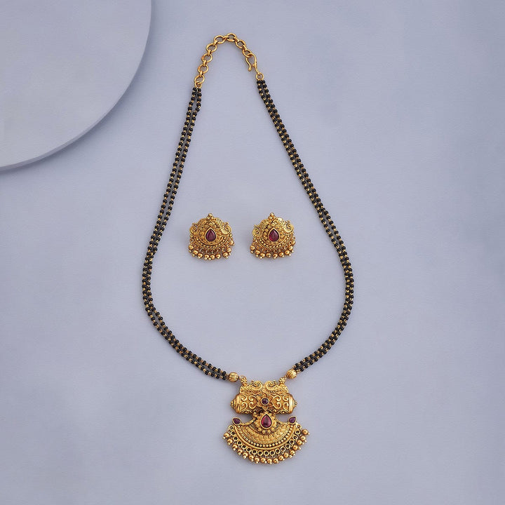 Gold-Plated Antique Style Mangalsutra with Matching Earrings and Red Stone