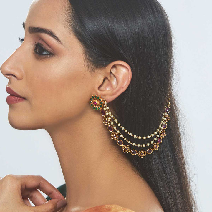 3 Strand Antique Gold-Plated Matil with Gemstone and Pearls