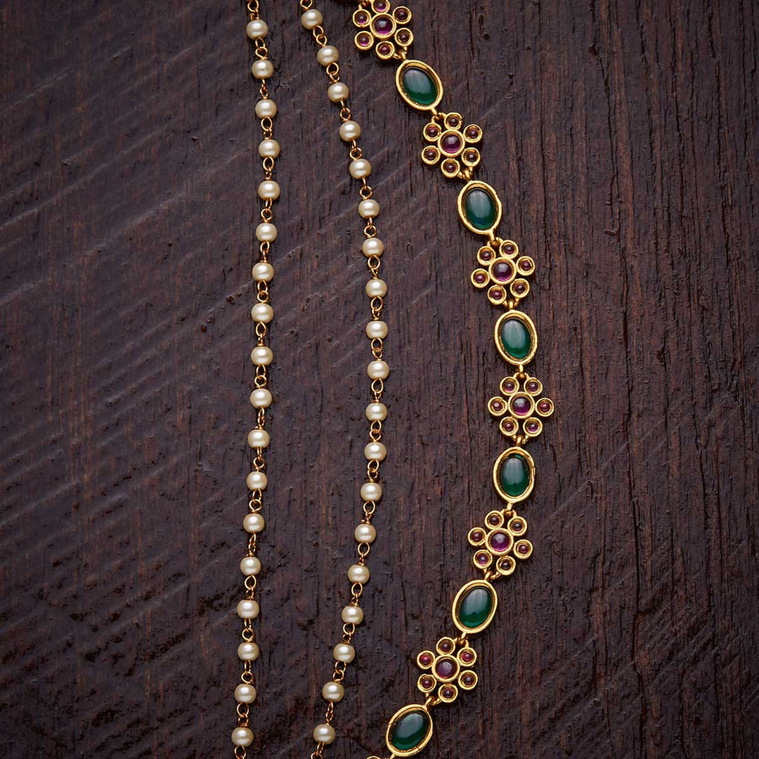 3 Strand Antique Gold-Plated Matil with Gemstone and Pearls