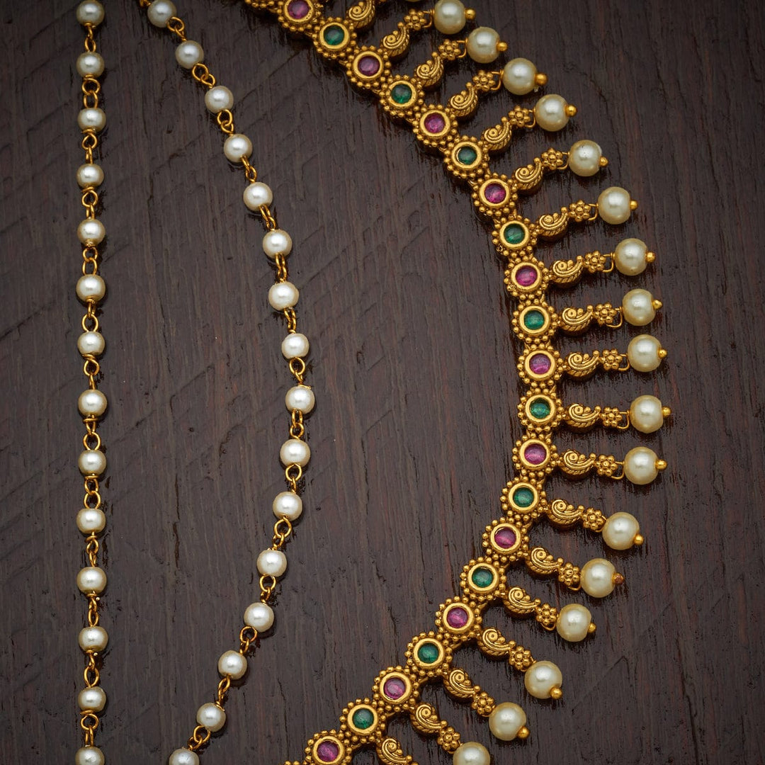 Traditional 3 Strand Antique Gold-Plated Matil with Pearls and Gemstones