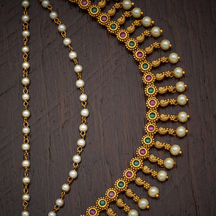 Traditional 3 Strand Antique Gold-Plated Matil with Pearls and Gemstones