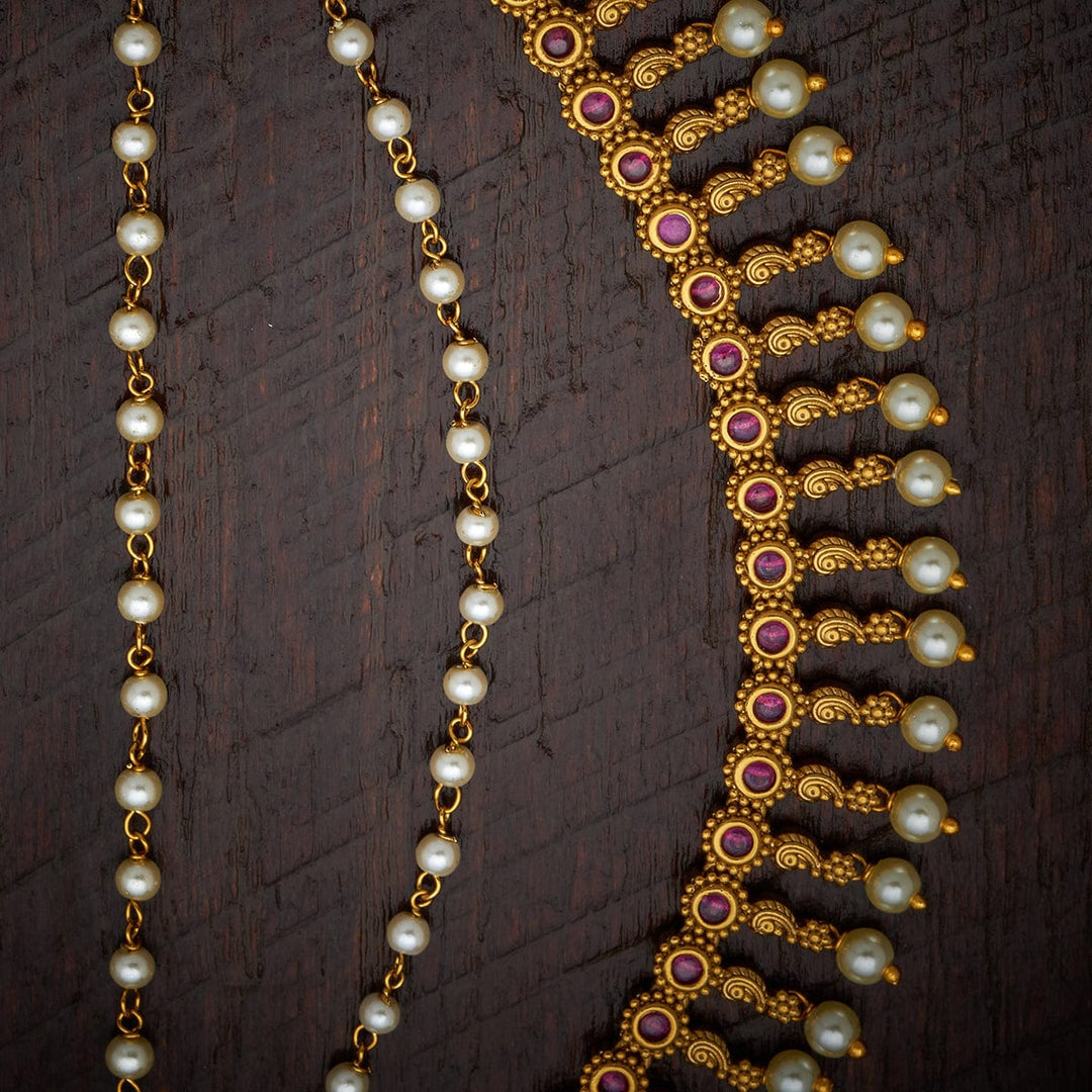 Traditional 3 Strand Antique Gold-Plated Matil with Pearls and Gemstones