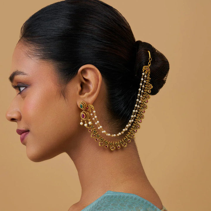 Gold-Plated Antique Matil with Pearls Strand and Gemstones
