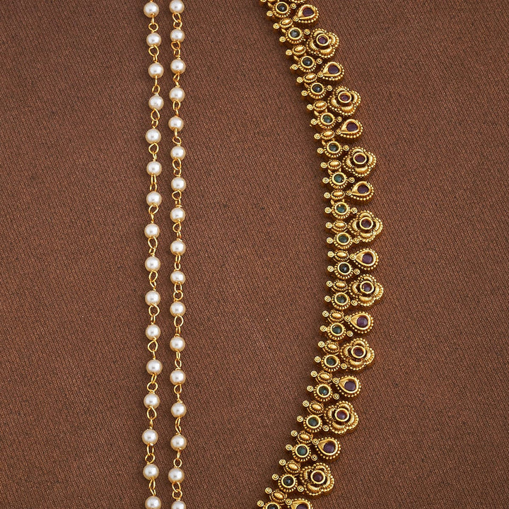 Gold-Plated Antique Matil with Pearls Strand and Gemstones