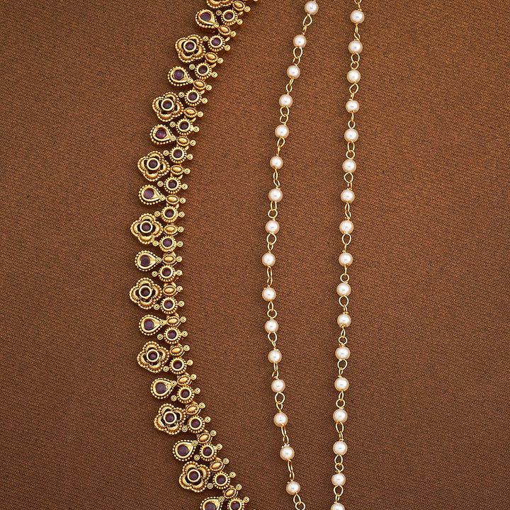 Gold-Plated Antique Matil with Pearls Strand and Gemstones