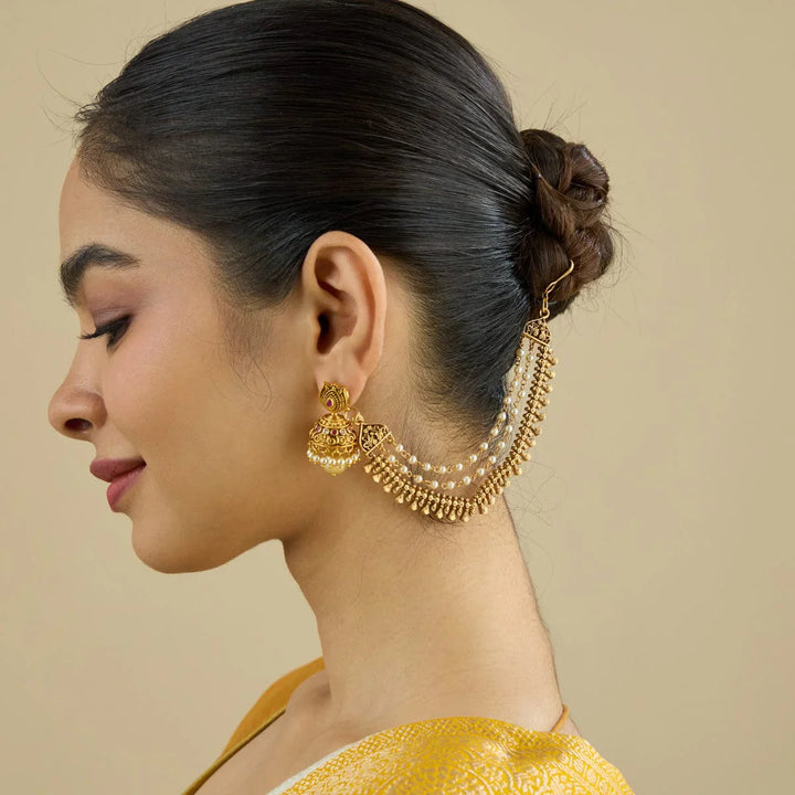 Ornate Gold-Plated Matil with Pearl Strands