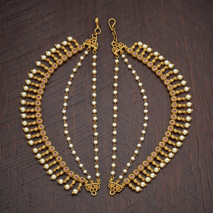 Traditional 3 Strand Antique Gold-Plated Matil with Pearls and Gemstones