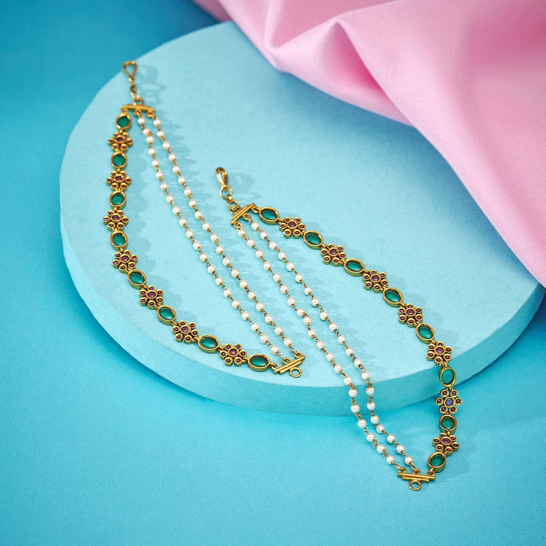 3 Strand Antique Gold-Plated Matil with Gemstone and Pearls