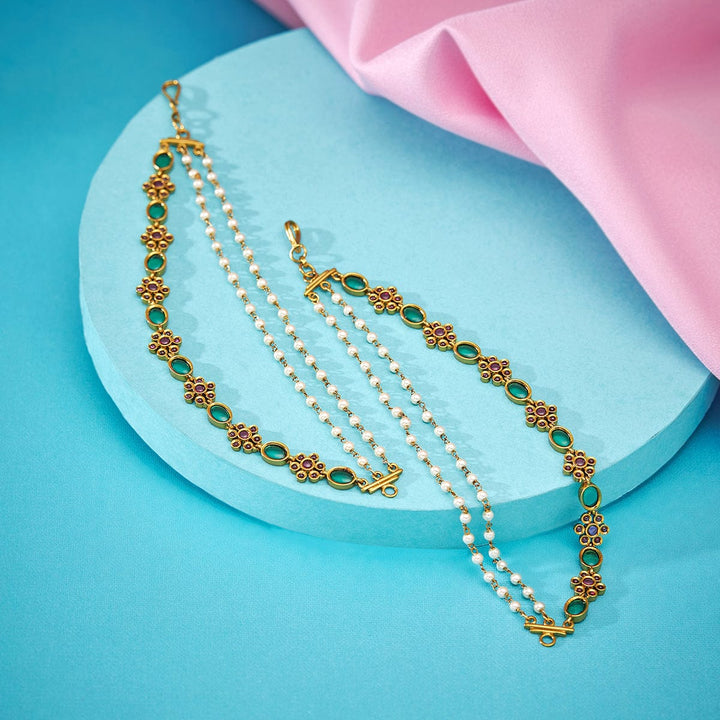 3 Strand Antique Gold-Plated Matil with Gemstone and Pearls