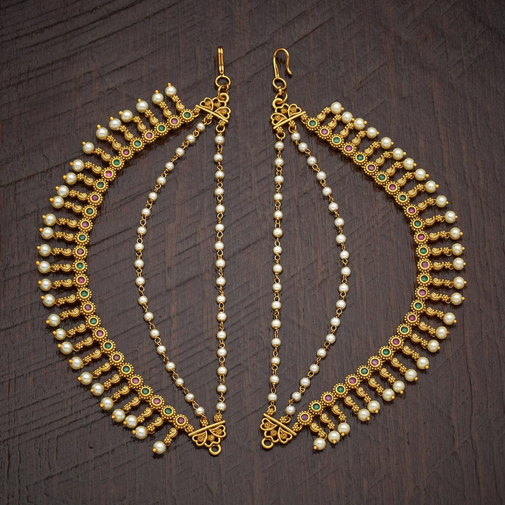 Traditional 3 Strand Antique Gold-Plated Matil with Pearls and Gemstones