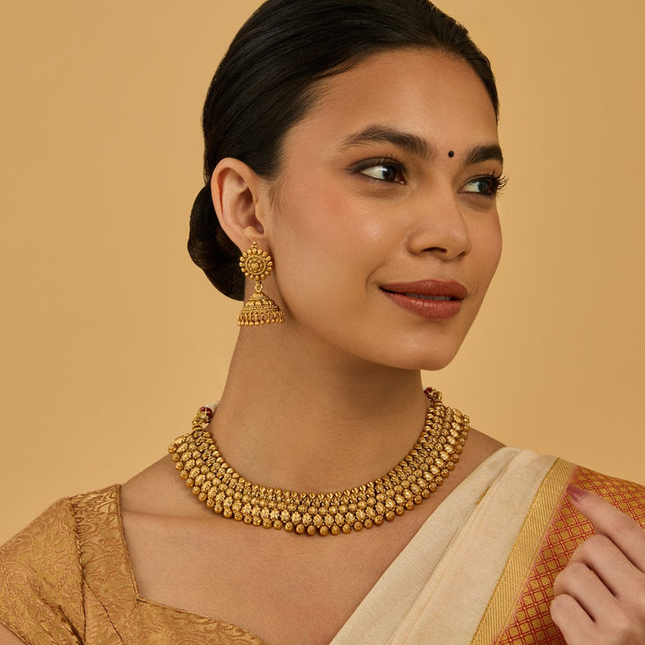 Intricate Gold-Plated Ethnic Necklace Set With Matching Jhumka