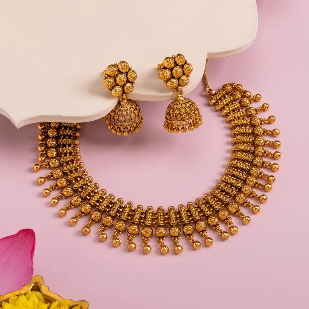 Traditional Gold Plated Choker Necklace and Jhumkas Set